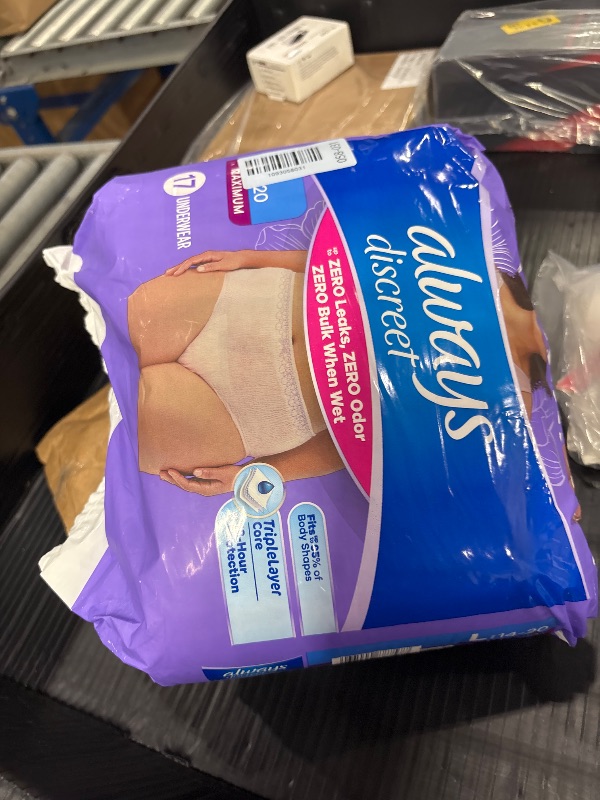 Photo 1 of Always Discreet, Incontinence & Postpartum Underwear For Women, Classic Cut, Size Large, Maximum Absorbency, Disposable, 17 Count