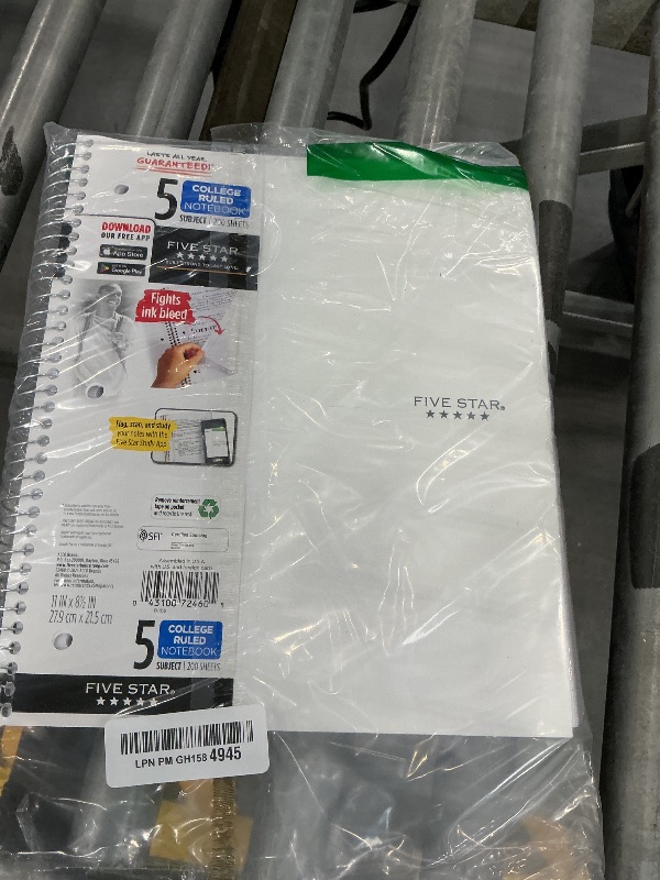 Photo 1 of Five Star Spiral Notebook, 5 Subject, College Ruled, 200 Sheets, White