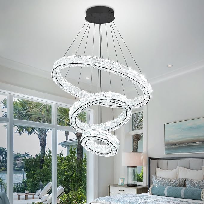 Photo 1 of Modern Led Black Ring Chandelier 3 Ring Spiral Crystal Chandeliers Dimmable LED Adjustable Height Pendant Light for High Ceiling Living Room Foyer Staircase 33''+20''+12'' Rings Lighting