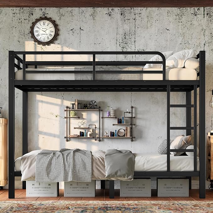 View 3 of Twin Over Twin Bunk Bed, Metal Bunk Bed Frame with Heavy Duty Steel, Black, Space Saving Bed for Teens and Adults, Guardrail, 9.8 Inch Under Bed Storage, No Box Spring Needed