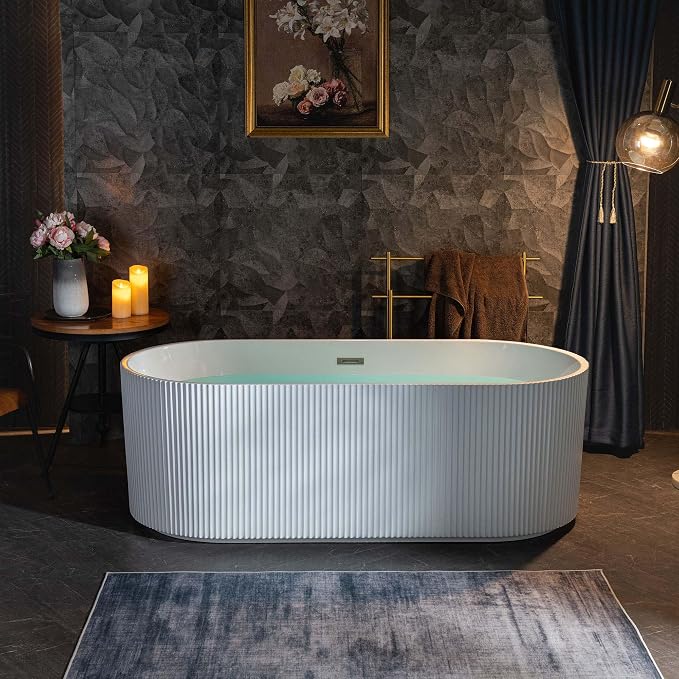Photo 1 of WOODBRIDGE 67" L x 31-1/2" W Freestanding Contemporary Soaking Bathtub,Unique Pleated Design,with Brushed Nickel Pop-Up Drain Drain and Overflow Option, White,B1526-B/N