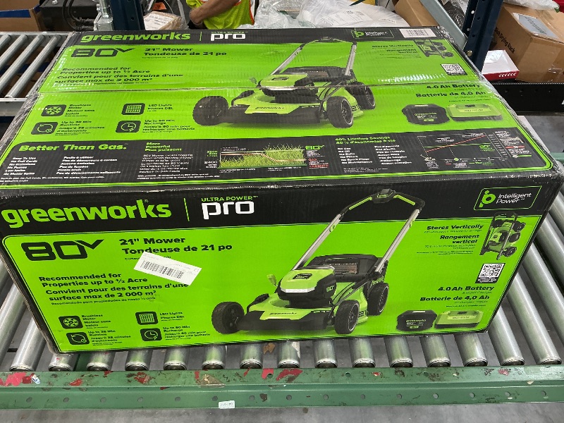 Photo 1 of SEE NOTES AND PICTURES,,,,,,,,,,,,,,,,,,,Greenworks 80V 21in Push Lawn Mower, 4.0 Ah Battery and Charger