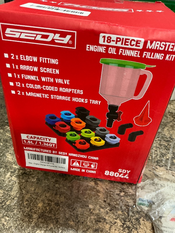 View 2 of 18-Piece Engine Oil Funnel Kit, 1.59QT/1.5L Automotive Oil Funnel Set with 12 Adapters, Elbow Fitting, Arrow Screen and Magnetic Storage Hooks Tray, Compatible with GM, Ford, BMW, Audi, Land Rover Etc