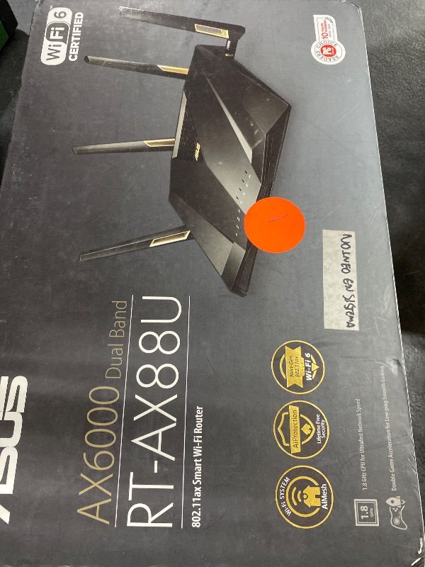 Photo 1 of ASUS RT-AX88U AX6000 Dual Band WiFi 6 Gaming Router, 8 Ports, Lifetime Security, Adaptive QoS