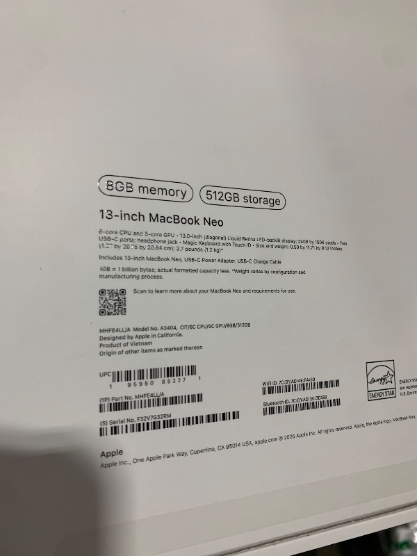 Photo 1 of Apple 2026 MacBook Neo 13-inch Laptop with A18 Pro chip: Built for AI and Apple Intelligence, Liquid Retina Display, 8GB Unified Memory, 512GB SSD Storage, 1080p FaceTime HD Camera, Touch ID; Citrus