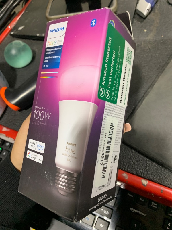 Photo 1 of Philips Hue Smart 100W A21 LED Bulb - White and Color Ambiance Color-Changing Light - 1 Pack - 1600LM - E26 - Indoor - Control with Hue App - Works with Alexa, Google Assistant and Apple Homekit