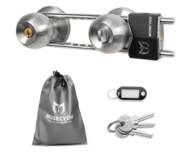 Photo 1 of MOSECYOU French Door Lock, Double Door Security Barricade, Keyed Extra Door Lock for Doors with Double Handles/Knobs/Levers, All Metal Construction Device U-Shaped Bar Prevent Kick Ins
