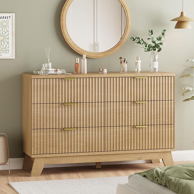 Photo 1 of Fluted Dresser for Bedroom with 6 Drawers, 48" Wide Modern Chest of Drawers with Metal Handle, Wooden Dresser TV Stand, Wood Closet Clothes Storage Organizer for Living Room, Hallway, Natural Oak