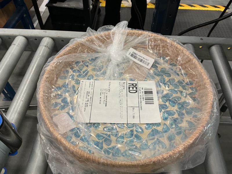 Photo 1 of KOLWOVEN Round Rattan Tray with Handle, Rattan Serving Tray with Mother of Pearl Inlay Wooden Base, Decorative Wicker Basket for Table Decor (Blue Leaves)