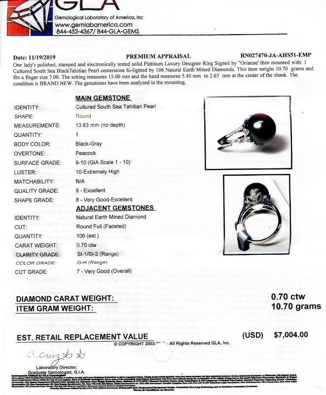 Photo 4 of PLATINUM 13.83mm BLACK TAHITIAN PEARL AND 0.70ctw DIAMOND RING W CERTIFIED APPRAISAL (APPROX. SIZE 6.5)   RN027470
