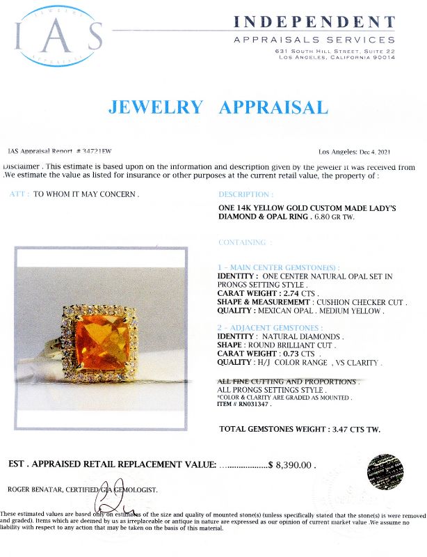 Photo 4 of 14K YELLOW GOLD OPAL AND 0.73ctw DIAMOND RING W CERTIFIED APPRAISAL (APPROX. SIZE 6.5)   RN031347
