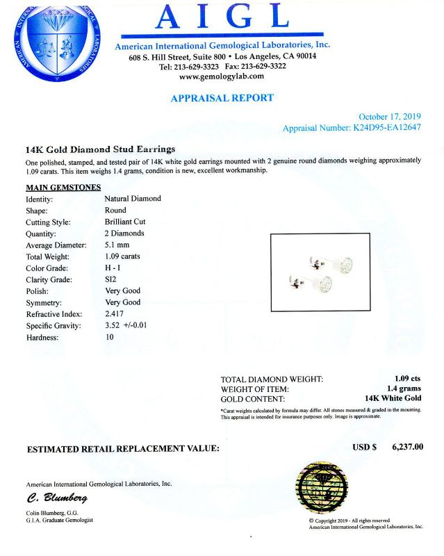 Photo 4 of 14K WHITE GOLD STUD 1.09ctw DIAMOND EARRINGS W CERTIFIED APPRAISAL     ER005337 
