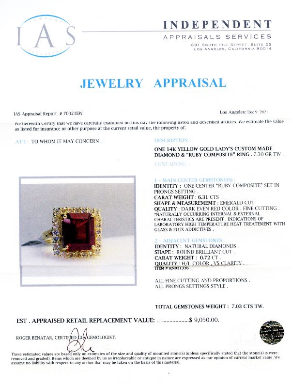 Photo 4 of 14K YELLOW GOLD 6.31ct RUBY AND 0.72ctw DIAMOND RING W CERTIFIED APPRAISAL (APPROX. SIZE 6.5)    RN031336
