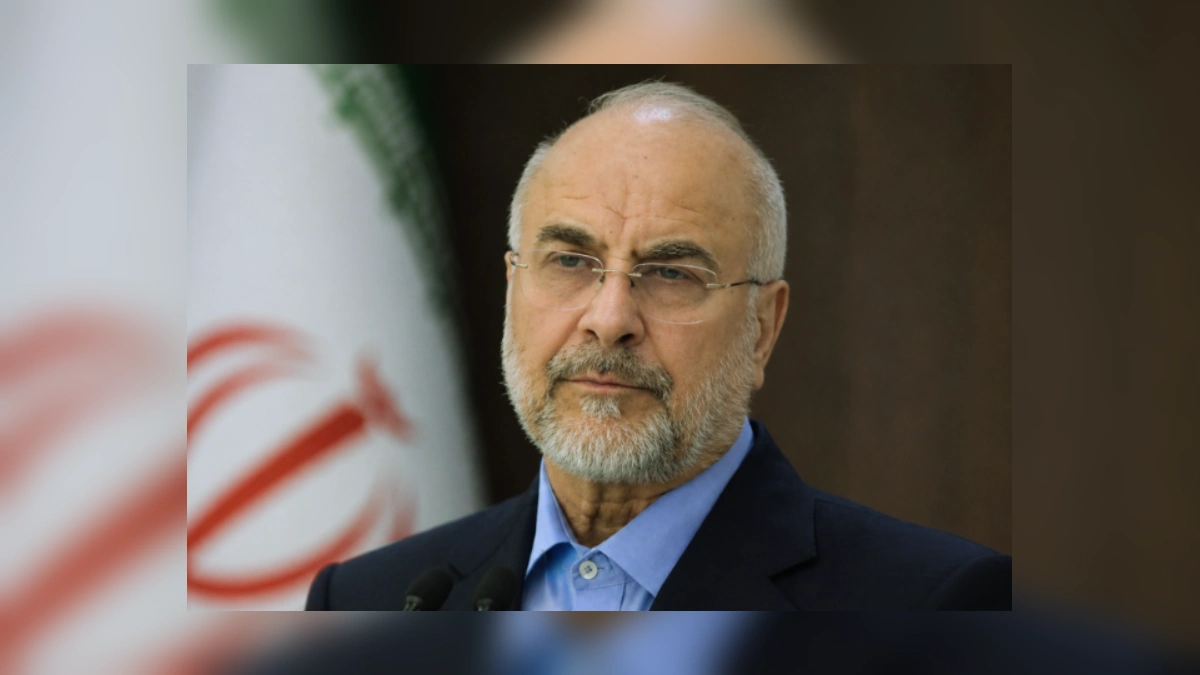 Iranian official at a podium with the national flag in the background