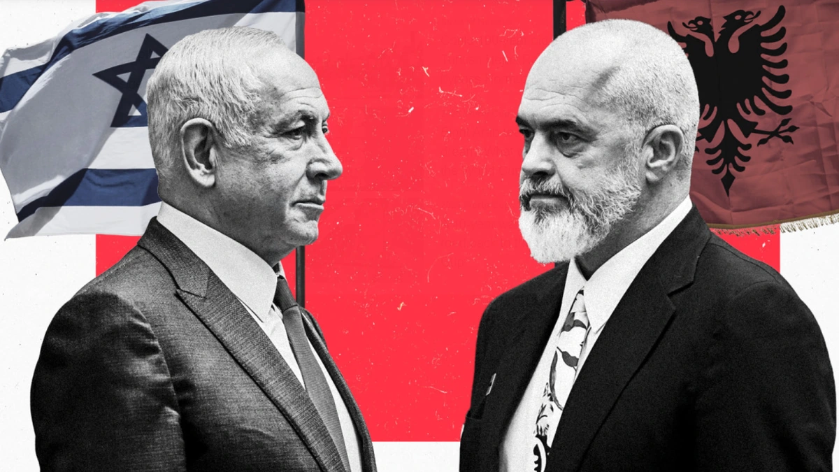 Political illustration of the Albanian and Israeli leaders facing each other