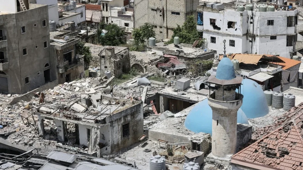 War-damaged urban area in the Middle East amid debate over the US Iran peace deal