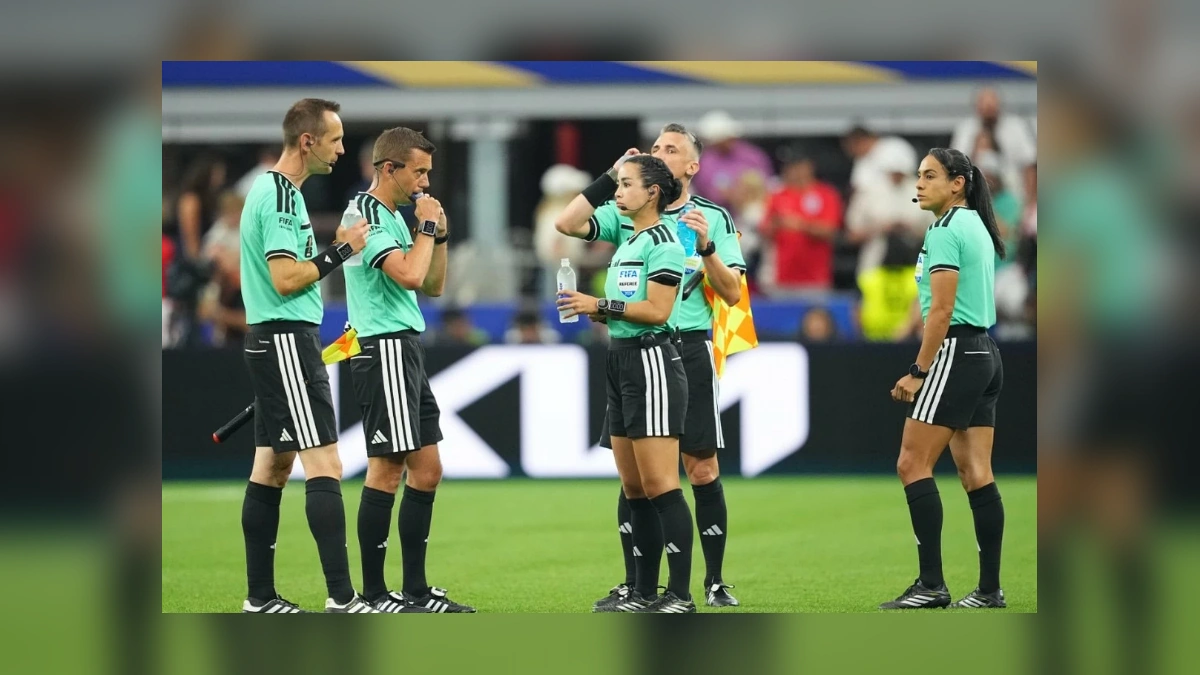FIFA match officials taking a hydration break during the 2026 World Cup
