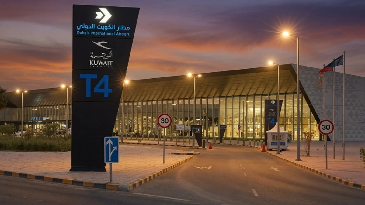 Kuwait International Airport Terminal 4 exterior at dusk