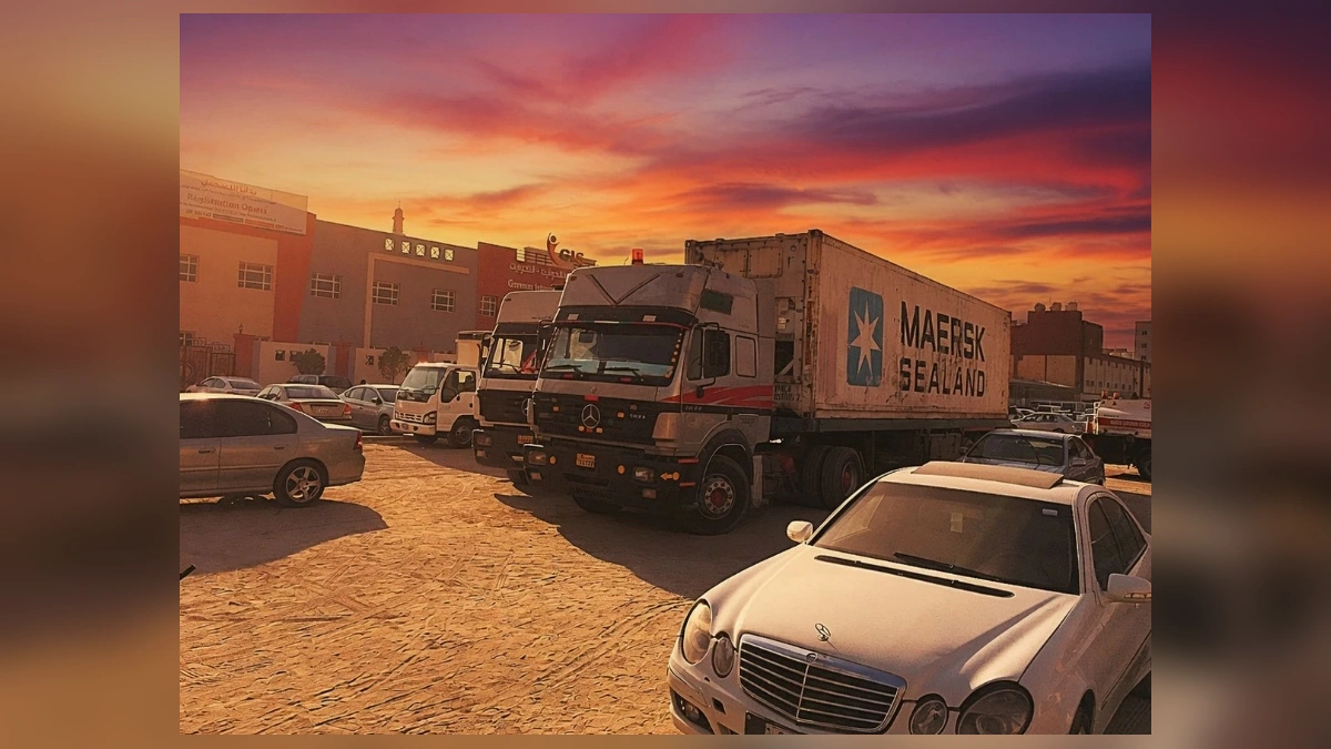 Heavy trucks and vehicles parked in an unorganized open area in Kuwait