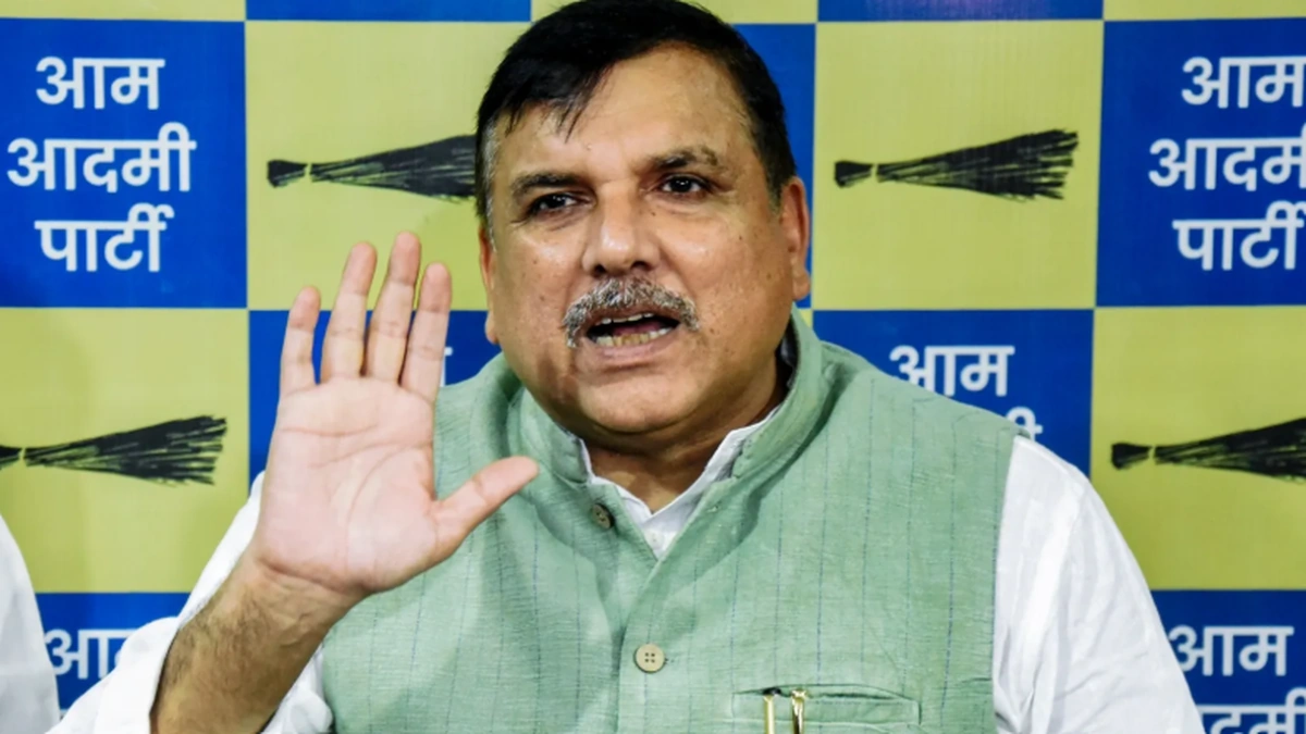 AAP leader Sanjay Singh speaking at a press conference