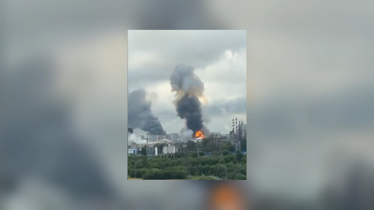 Smoke and flames rising from an oil refinery after a drone attack near Moscow