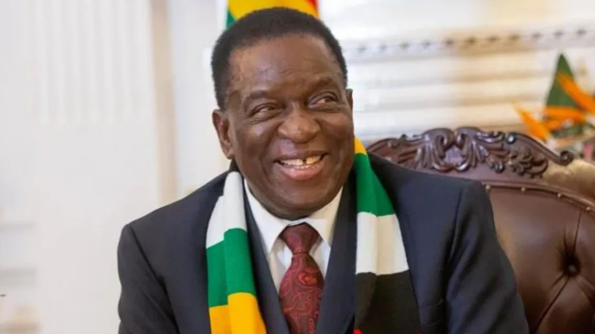Zimbabwe President Emmerson Mnangagwa smiling during an official meeting