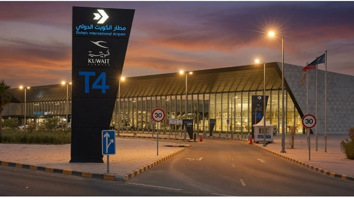 Kuwait International Airport Terminal 4 exterior at dusk