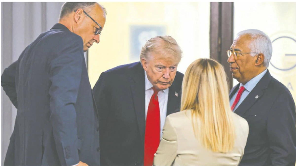 Donald Trump and Giorgia Meloni speaking with European leaders at a G7 summit