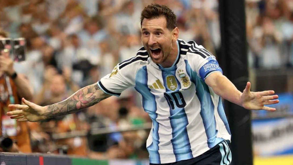 Lionel Messi celebrating for Argentina after scoring at the FIFA World Cup