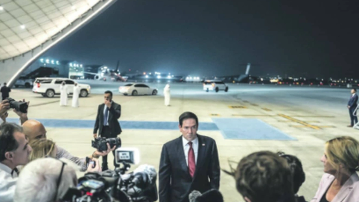 US Secretary of State Marco Rubio speaking to reporters during Gulf visit on Strait of Hormuz security