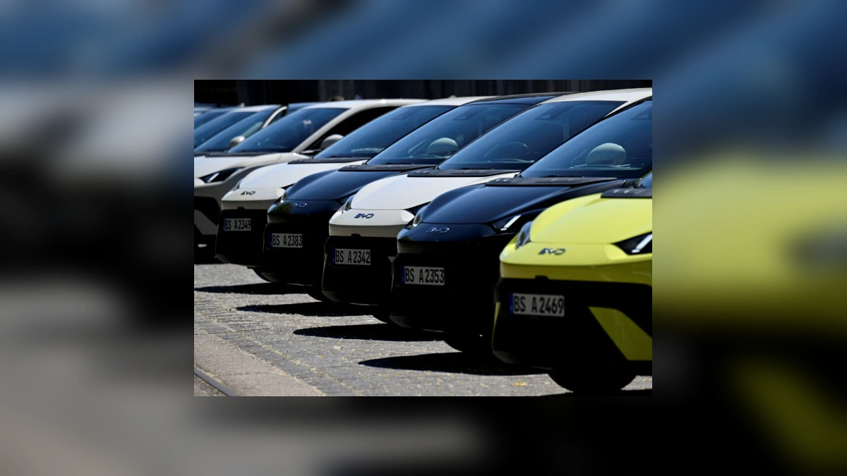 Rows of Chinese electric cars parked in Europe