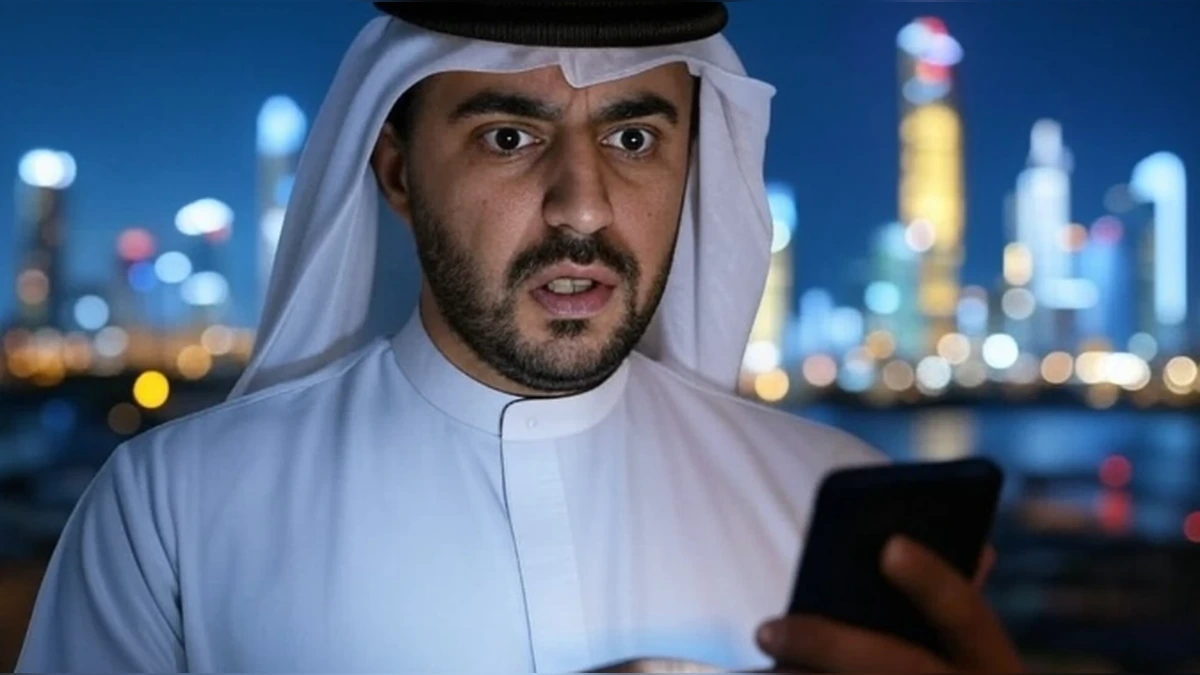 Kuwaiti man looking at smartphone with city lights in background