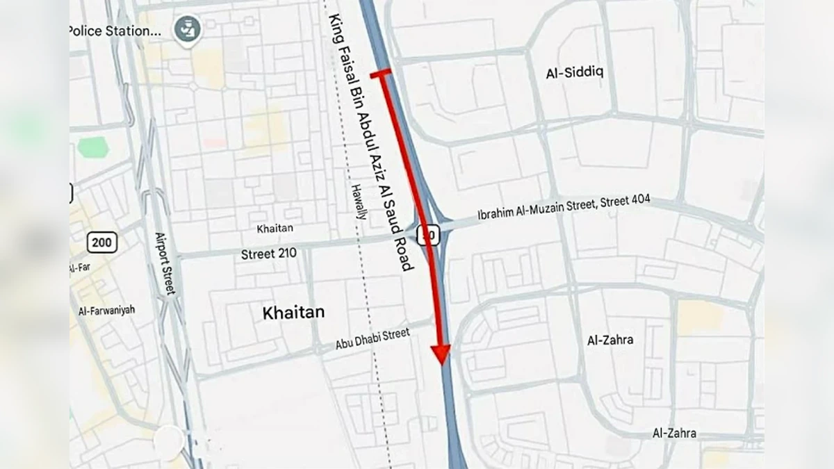 Map showing partial closure on Riyadh Road toward Kuwait Airport