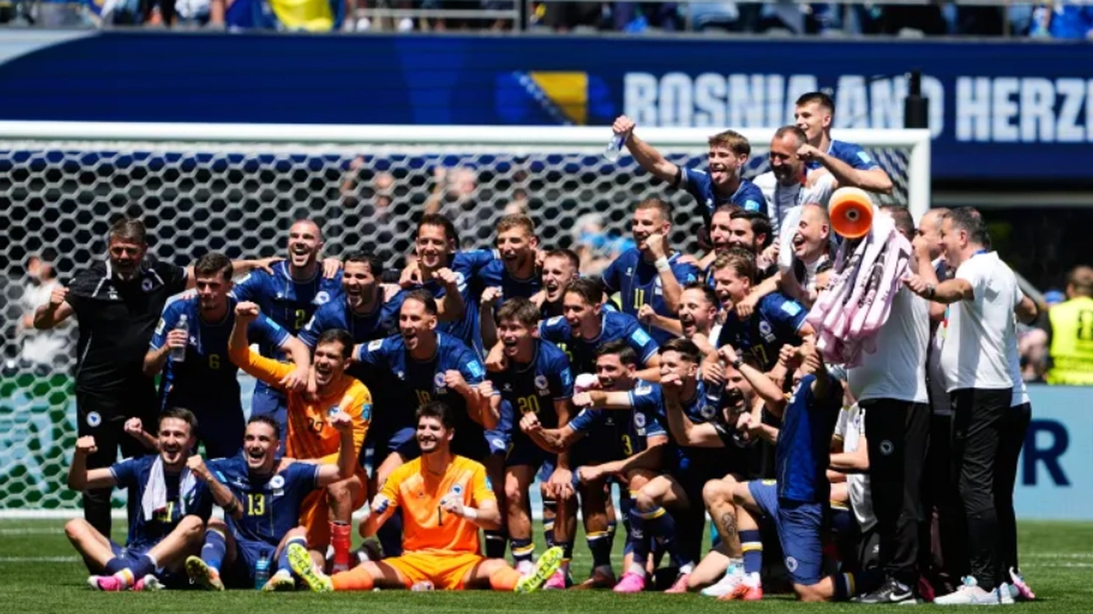 Bosnia and Herzegovina players celebrate after beating Qatar at the World Cup