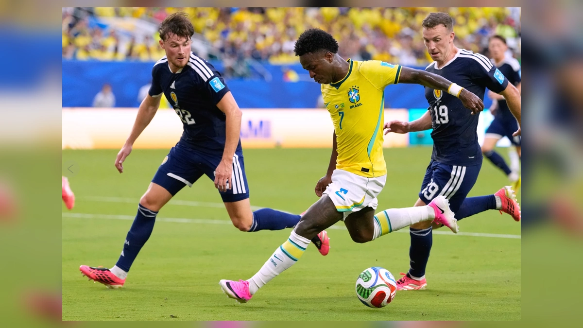 Brazil star Vinicius Junior controls the ball against Scotland at the World Cup