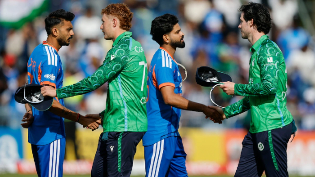 Indian and Irish cricket players shaking hands after T20 match