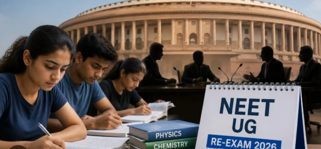 NEET UG 2026 പുനഃപരീക്ഷയുടെ അഡ്മിറ്റ് കാർഡ് ലാപ്ടോപ്പിൽ പരിശോധിക്കുന്ന മെഡിക്കൽ പ്രവേശന പരീക്ഷാർഥിയെ പ്രതിനിധീകരിക്കുന്ന ചിത്രം
