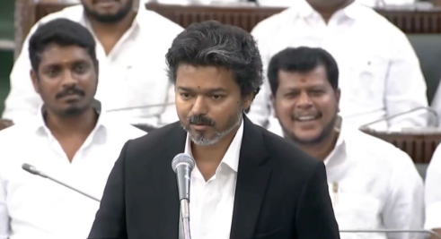 Tamil Nadu Chief Minister Vijay addressing assembly and responding to allegations