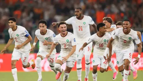 Editorial football image representing Morocco beating the Netherlands on penalties at the 2026 World Cup