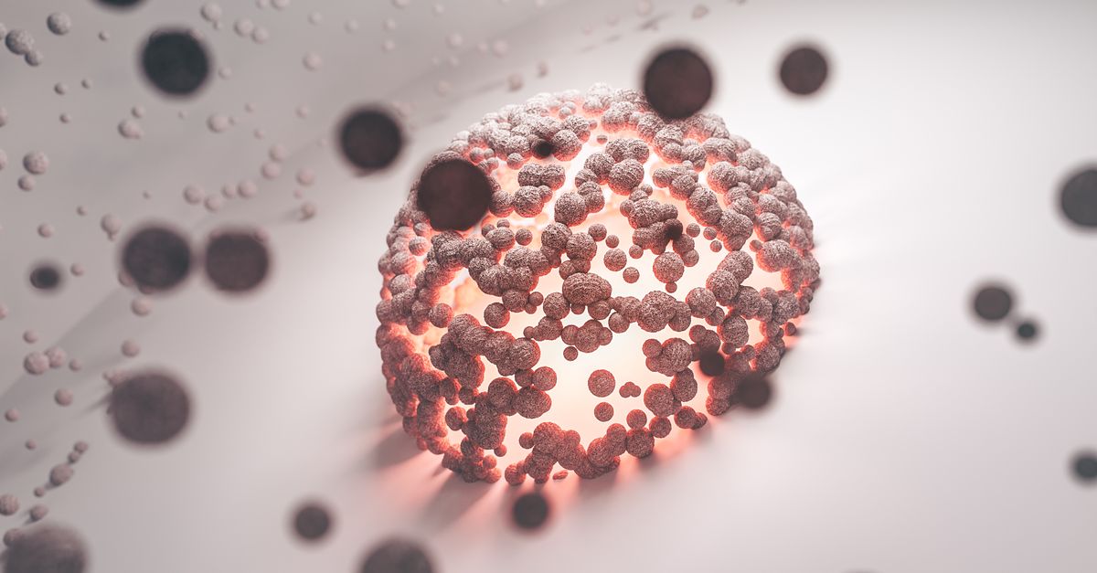 Intricate abstract representation of a cellular structure with a glowing core on a white background.