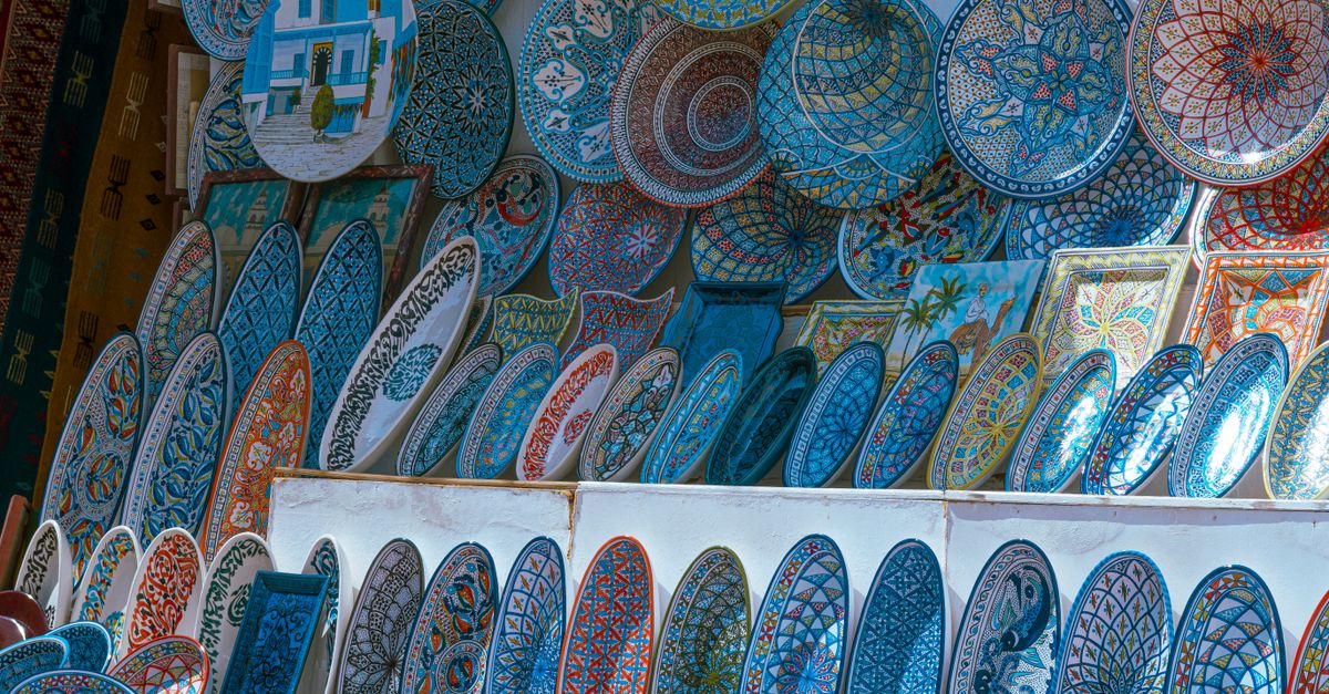Vibrant collection of Tunisian ceramics on display in Carthage, showcasing intricate handmade designs.