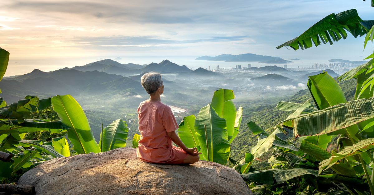 Elderly person meditating on a rock with panoramic tropical mountain view and banana trees.