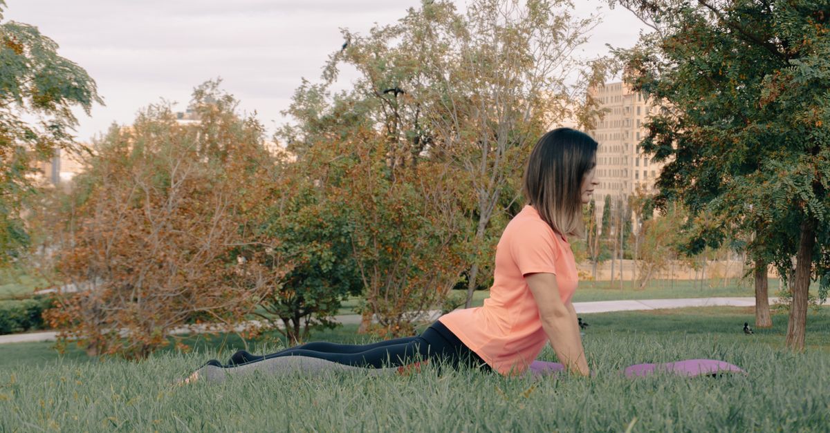 Adult woman performing yoga exercise outdoors in a peaceful park setting, surrounded by greenery.