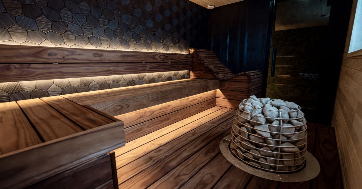 Stylish indoor sauna with wooden benches and modern LED lighting.