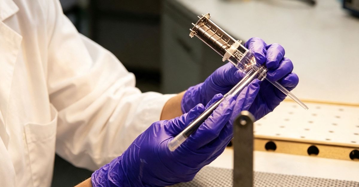 Close-up of a scientist in gloves testing a vacuum tube in a laboratory environment.