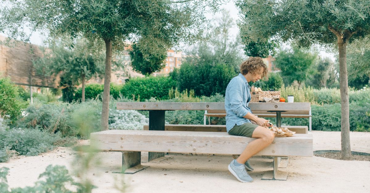 A serene moment captured of a man sitting alone at a picnic table surrounded by lush greenery.