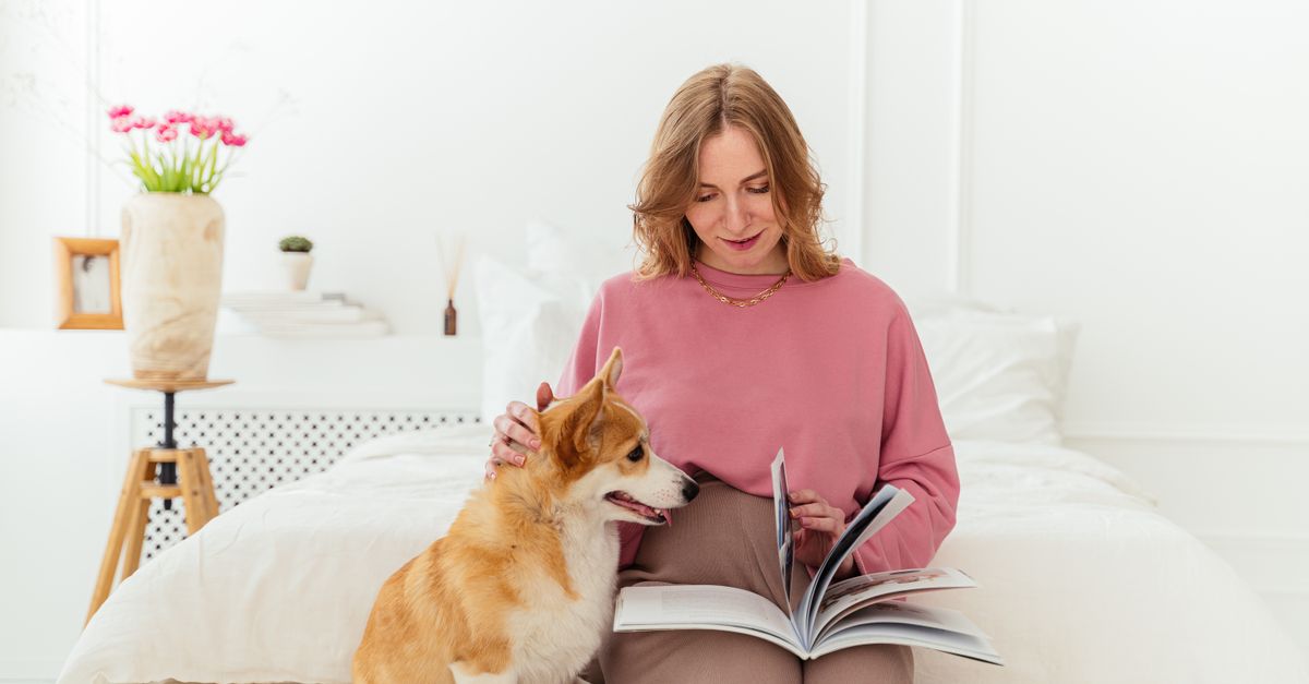 A woman enjoys a book with her corgi on a bed in a bright, stylish bedroom.