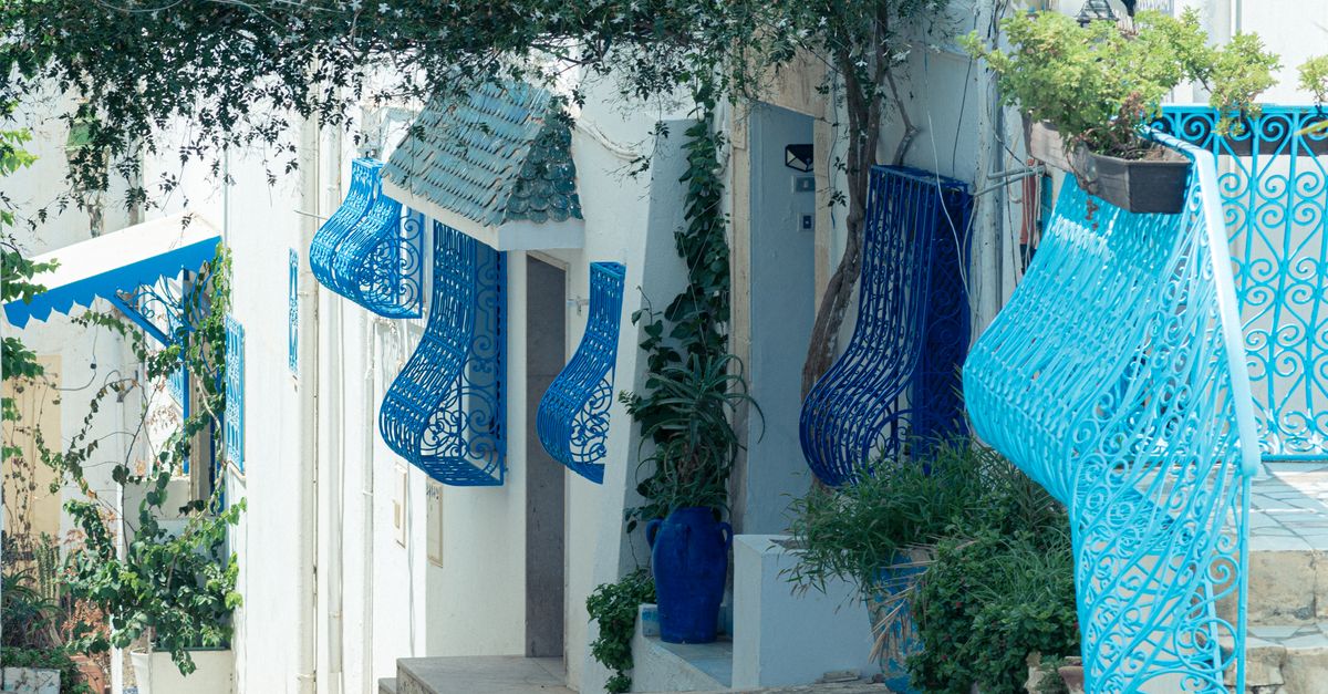 Picturesque blue and white alleyway in Carthage, Tunisia, showcasing traditional architecture and vibrant decor.
