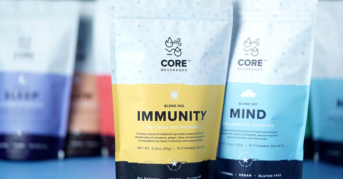 Vibrant packaging of wellness tea blends highlighted with focus on immunity and mind infusions.