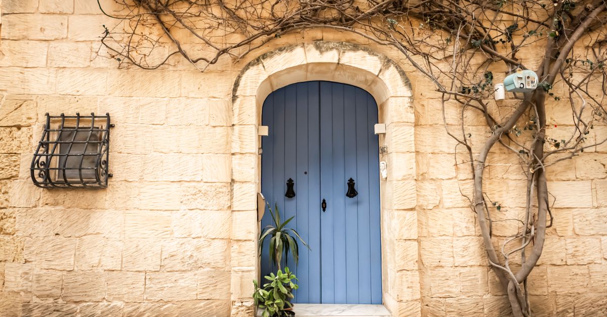 A picturesque blue door set in a stone wall adorned with climbing vines, exuding rustic charm and character.
